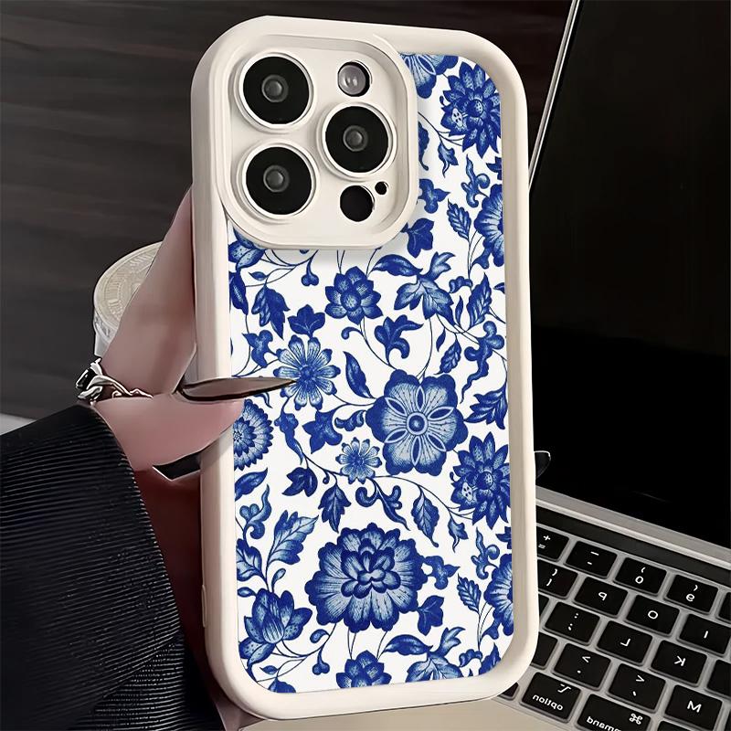 Чехол для телефона iPhone 17 Air 16E 15 16 Pro Max Сине-белый фарфоровый узор Чехол 14 Plus 13 12 Mini Мягкий корпус Силиконовый Забавный
