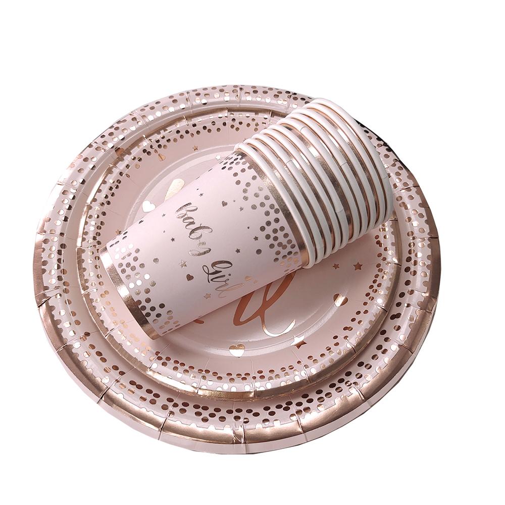 Baby Girl Disposable Tableware Pink Striped Rose Gold Paper Plates Cups Napkins for Baby Shower Birthday Party Decorations