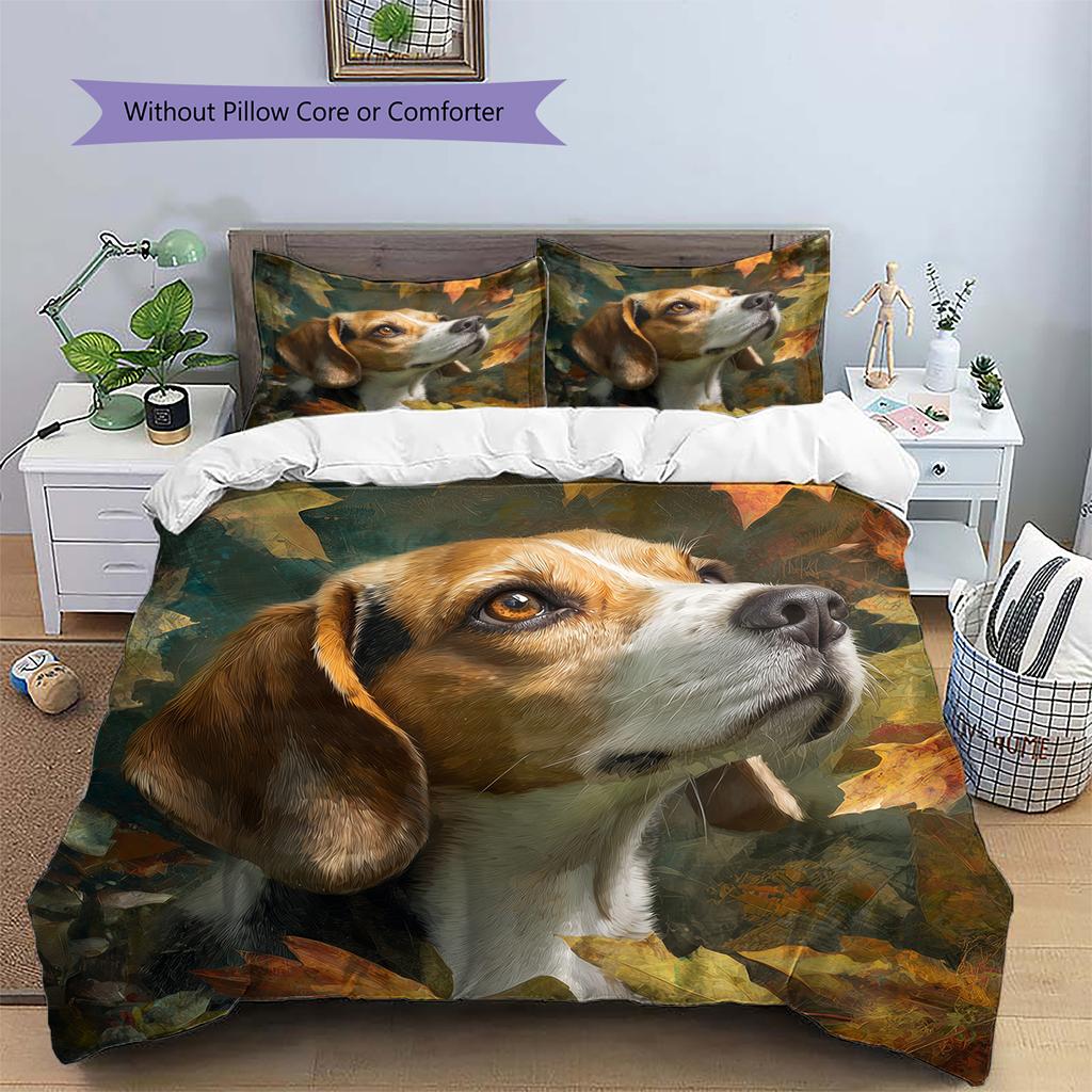 Beagle and Leaves Pattern Bedding Home Decoration Birthday Gift (1 * duvet cover + 2 * pillowcase, without core)