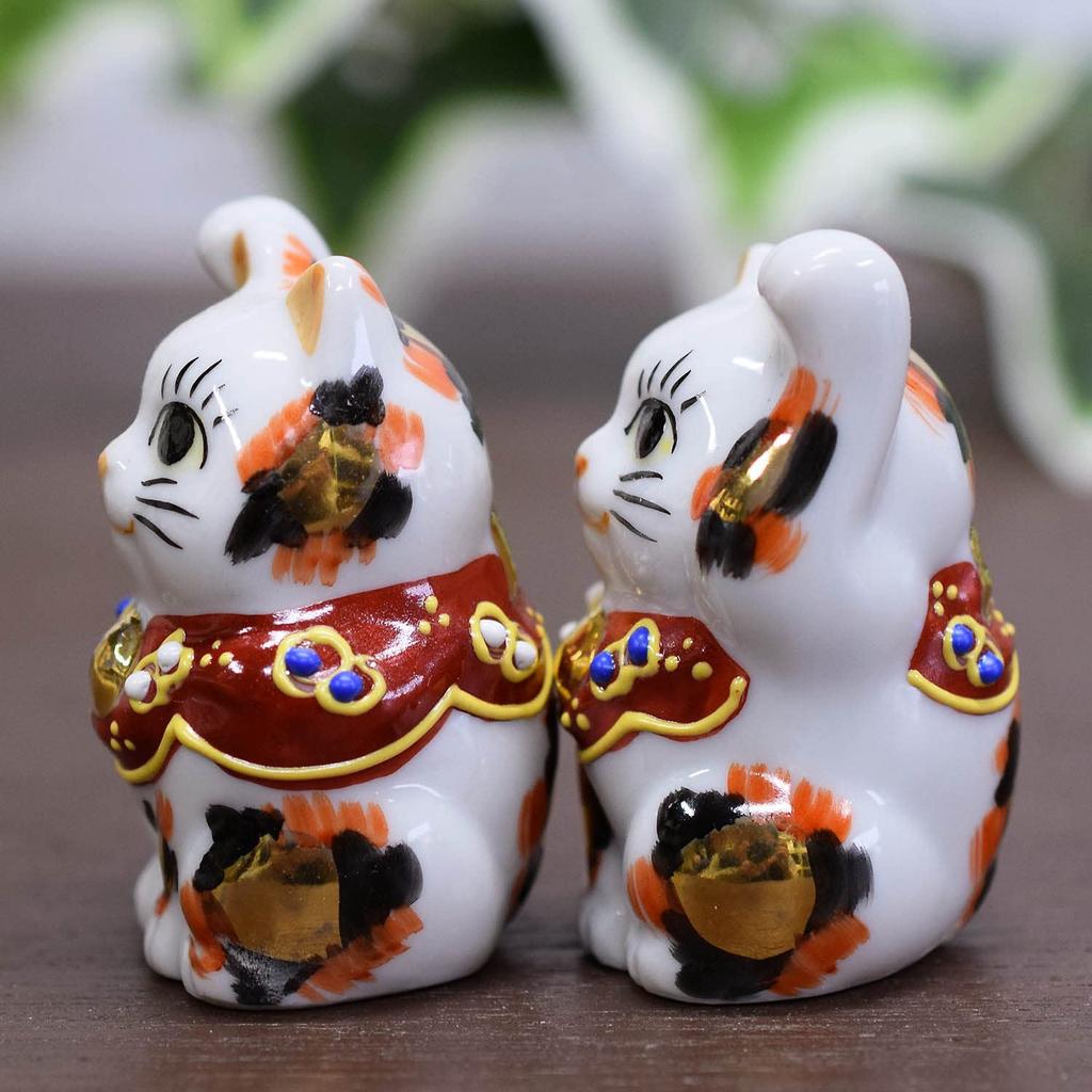 Kutani ware mini lucky gold pair cat, calico, (gold-mike-F)