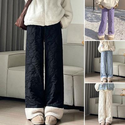 Женские хлопковые брюки эластичные с высокой посадкой однотонные с широкими штанинами повседневные брюки с карманами утолщенная плюшевая подкладка зимние брюки