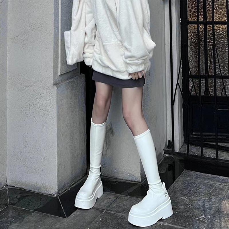 Ботинки Женские Весенне-летние Новые Круглый Носок Толстая Подошва Эластичные Узкие Миллениум Спайс Герлз Высокие Ботинки