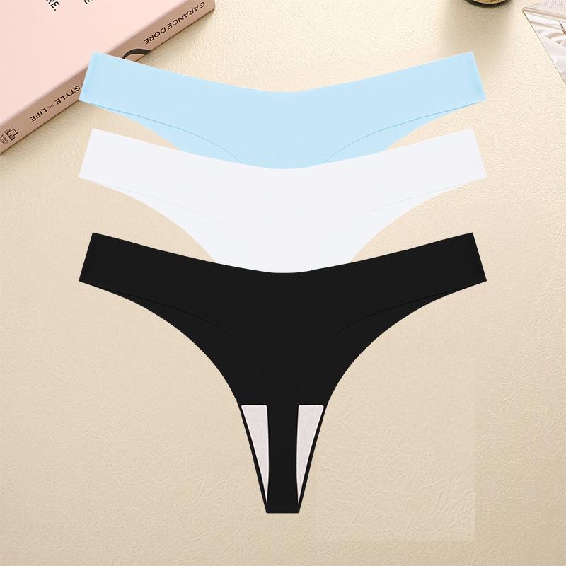 3PCS Seamless Thong Women Ice Silk T-back Intimate Solid Breathable Crotch Briefs Sexy Tanga Multiple 10 Color Lingerie