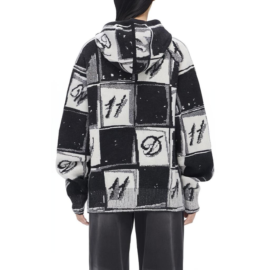 We11done Chess Board Graphic Knit Hoodie Black Unisex Tops WD-KT3-22-640-U-BK