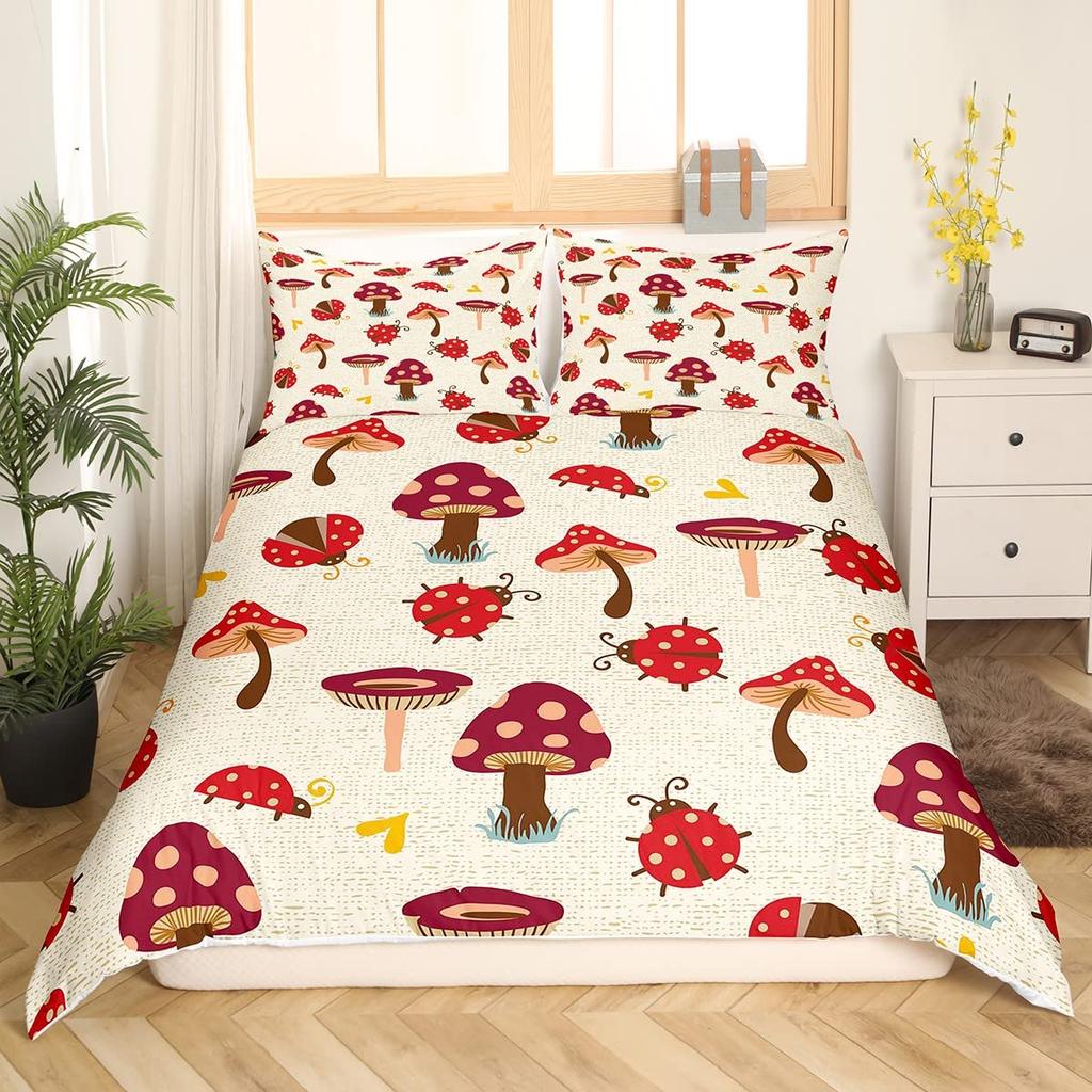 Ladybug Comforter Cover Set Ladybug On Green Leaf Duvet Cover Wild Wildlife Theme Microfiber Bedding Set 3pcs for Kids Teens