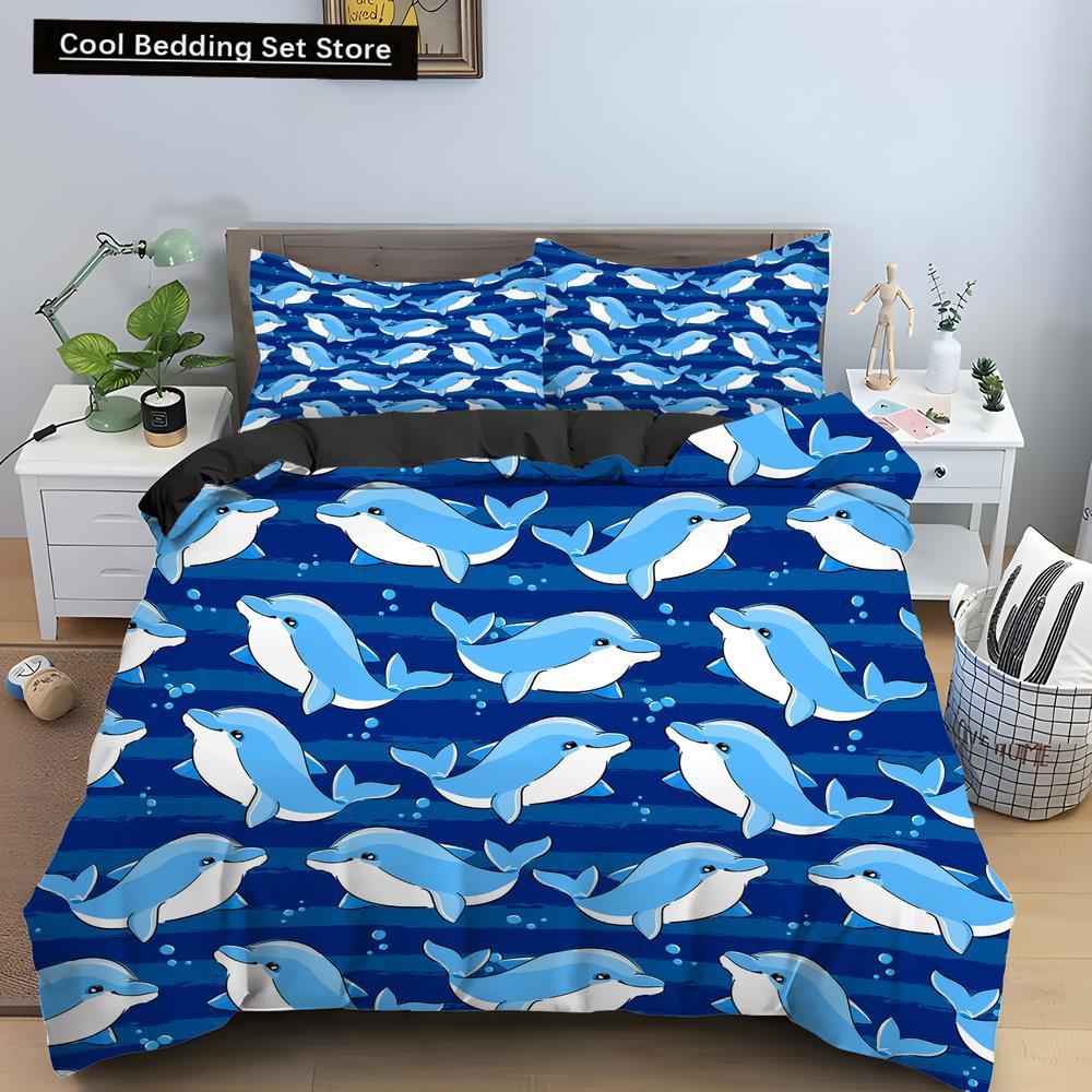 Bule Dolphin Whale King Queen Duvet Cover Underwater World Bedding Set Cartoon Sea Animal Comforter Cover Polyester Quilt Cover