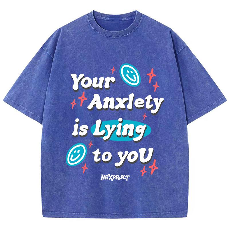 Винтажные женские футболки с кислотной стиркой Ваши тревоги лгут вам Принты Топы Круглый вырез Хлопок Оверсайз Рубашки