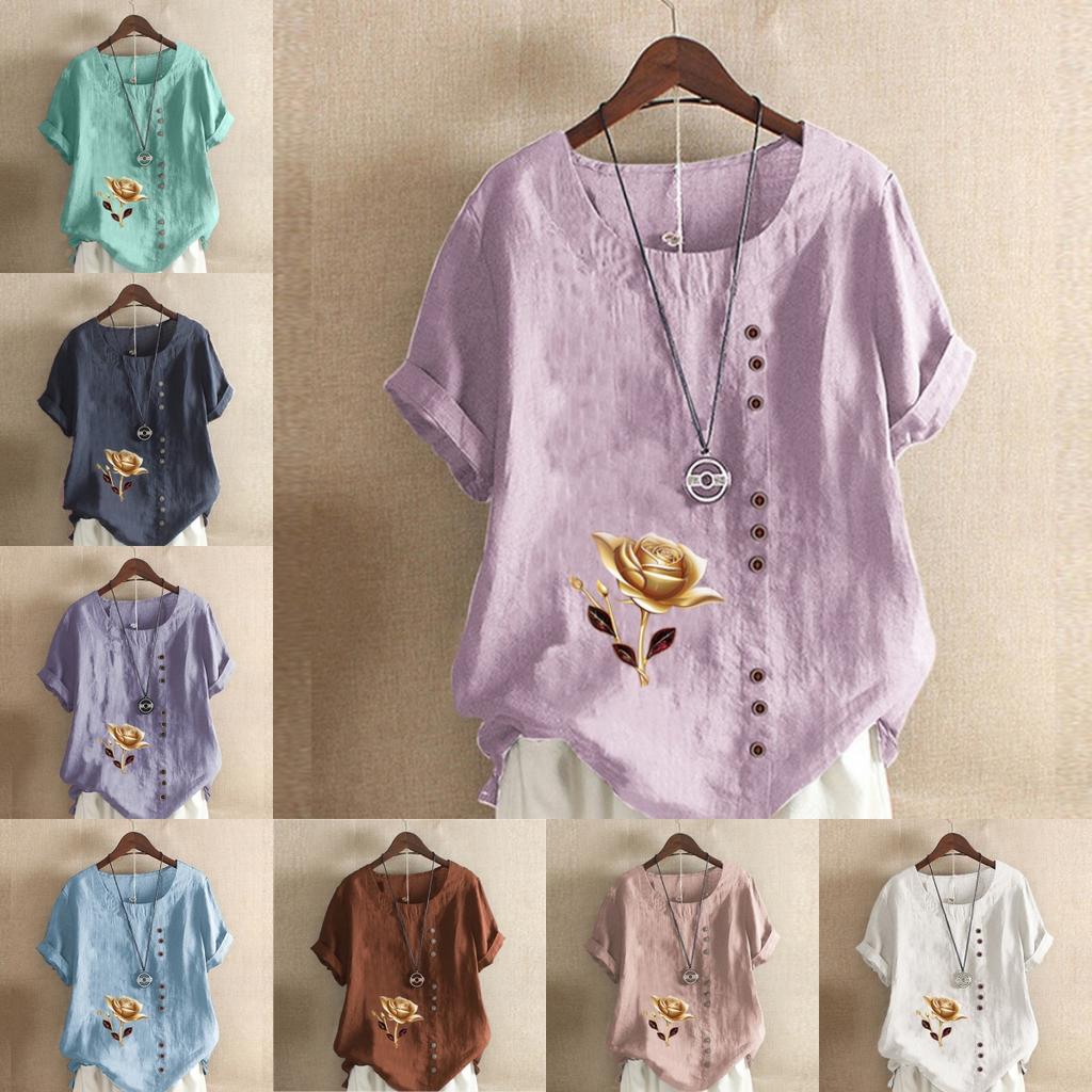 Women's Fashion Round Neck Short Sleeve T-shirt Casual Cotton Linen Graphic Shirt Leisure Loose Flower Prined Summer Blouse Tops