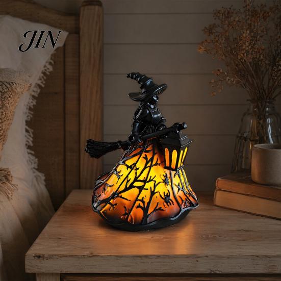 Gothic Witch Halloween Decoration Witch/Ghost LED Lamp, Resin Ornament with Warm Light for Home Decor Decor, Desktop Spooky Night Party Mysterious