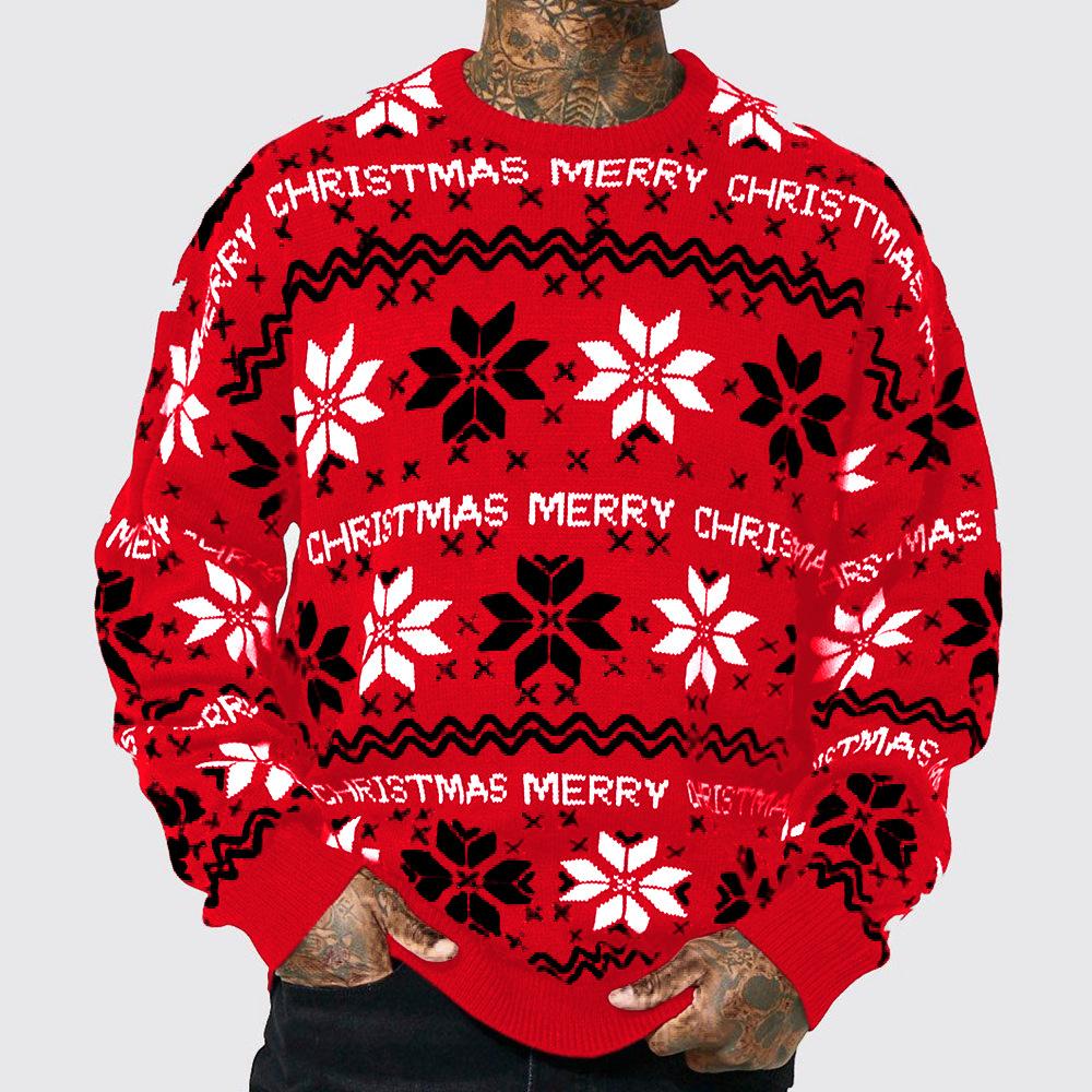 Men's Crew Neck Pullover Sweaters Loose Fit Long Sleeve Knit Cozy Christmas Jumpers Sweater Ugly Knitted Xmas Sweaters Casual Snowflake Knitwear Men