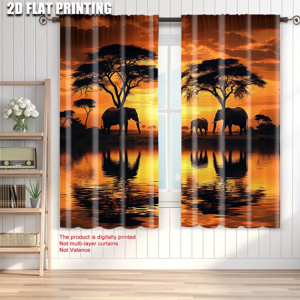 2pcs   plane printing Popular Curtain Panels African sunset elephant 100% Polyester (without rod) Decorations Outdoor Use for