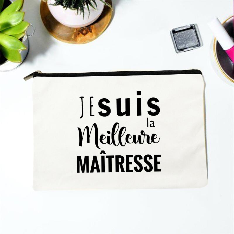 Teacher Superpower French Letter Print Women Cosmetic Bag Canvas Zipper Makeup Pouch Purse Organizer Pencil Bags Toiletry Bag