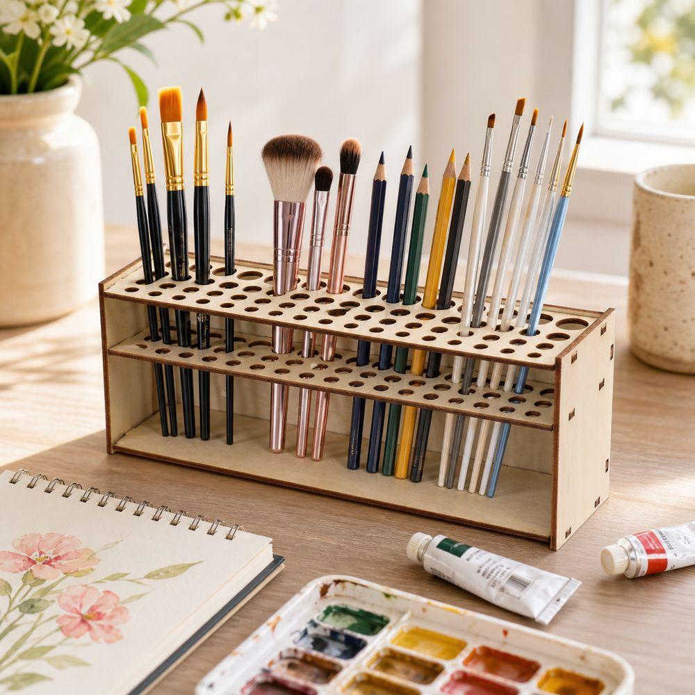 Wooden Brush Holder Multi Hole Brush Storage Rack New Makeup Brush Holder Desktop Storage