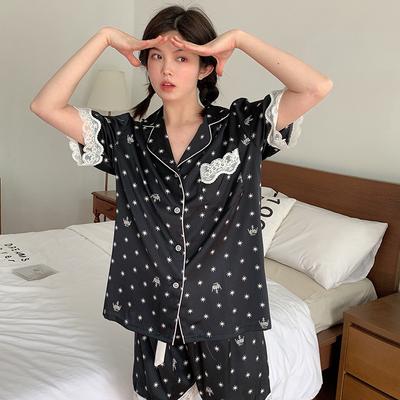 Pajamas Women's Spring and Summer New Star Short-sleeved Shorts Two Pieces, Set Ice Silk Pajamas Silk Loungewear