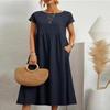 Summer Casual Loose Dress Women Short Sleeve O Neck A Line Woman Dress With Pocket Office Lady Cotton Linen Dresses 24647