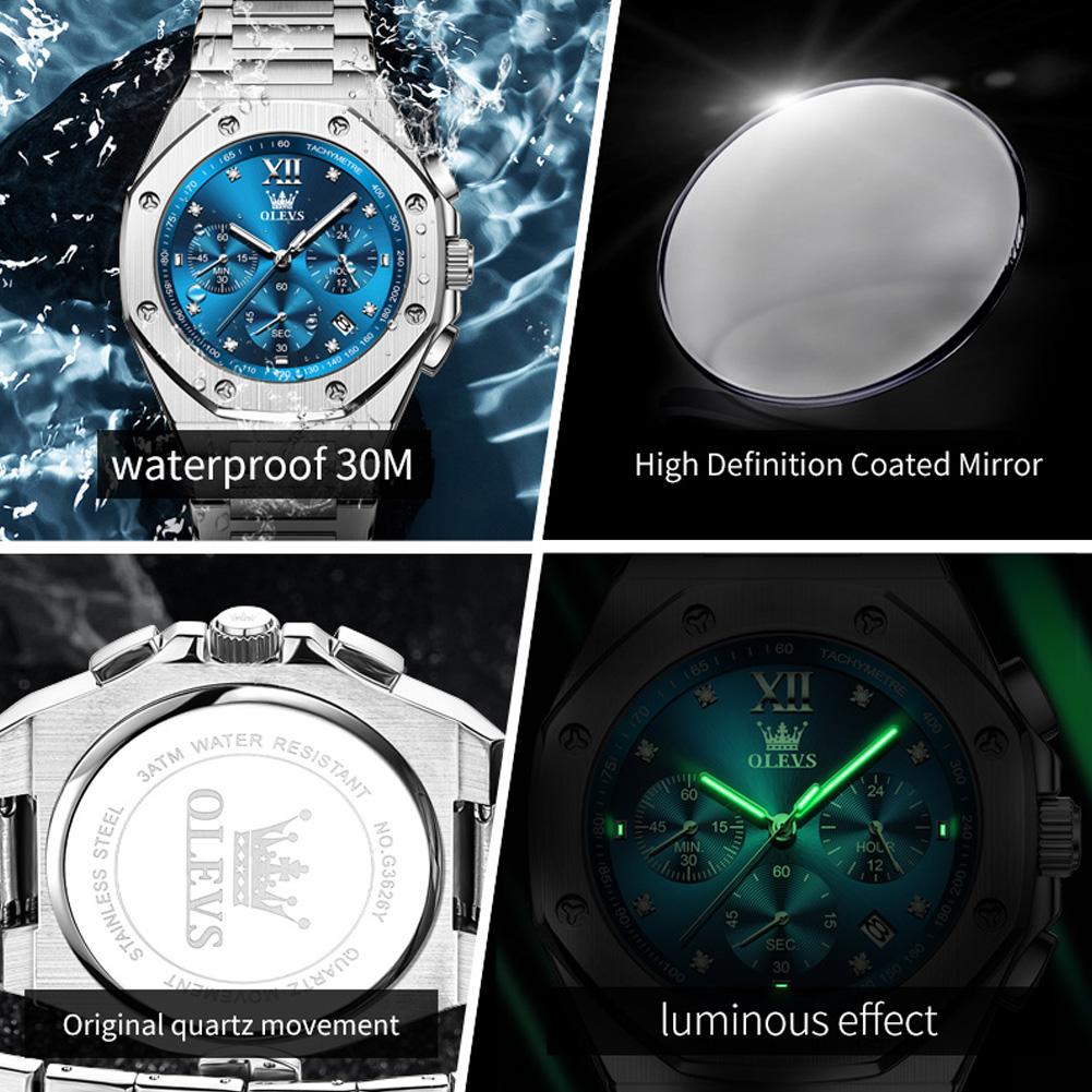 Мужские часы хронограф водонепроницаемые светящиеся модные крутые кварцевые часы для мужчин из нержавеющей стали ручные часы 2024