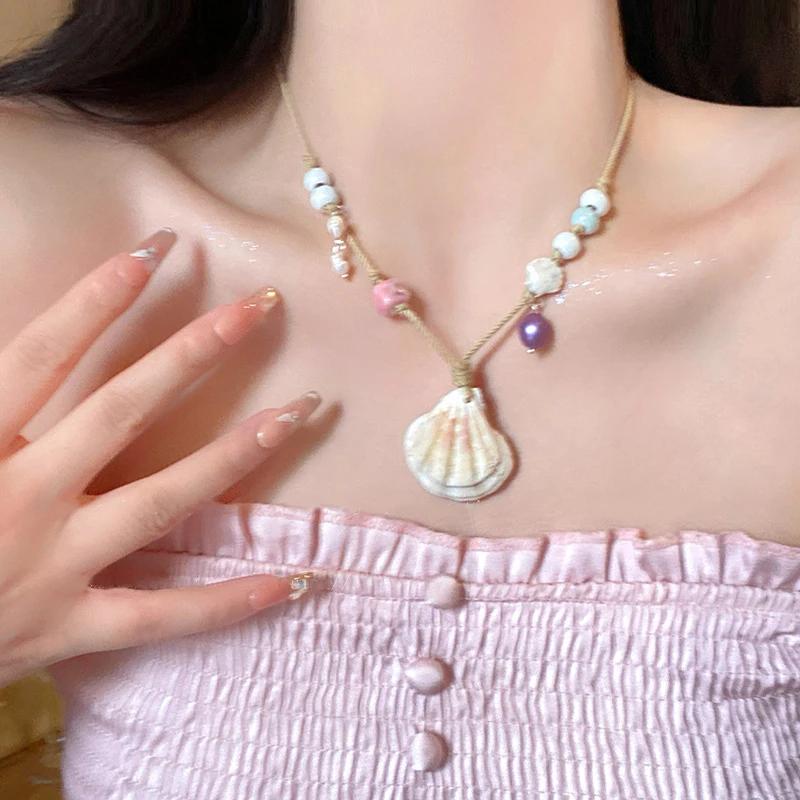 Y2K Colorful Beads Shell Pendant Choker Adjustable Necklace for Women Girl Clavicle Chain Romantic Sweet Aesthetic Jewelry Party