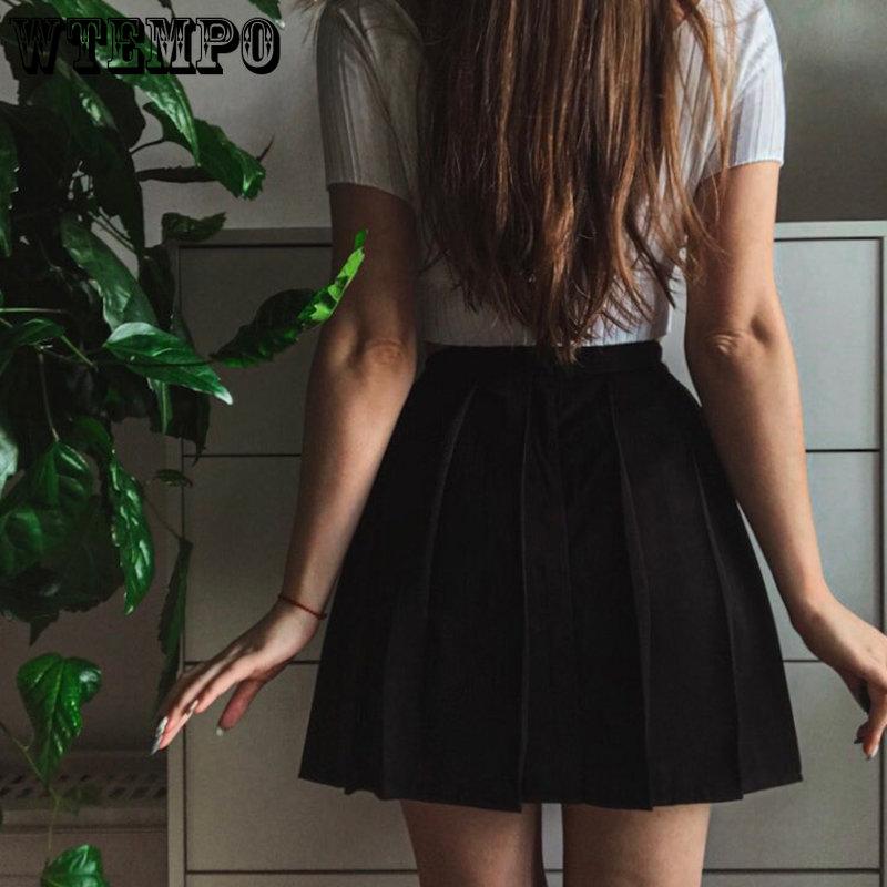 WTEMPO Elastic High Waist Y2K Schoolgirls Solid Pleated Skrits Women Casual All-match Korean Black Grey Mini Skirt Streetwear