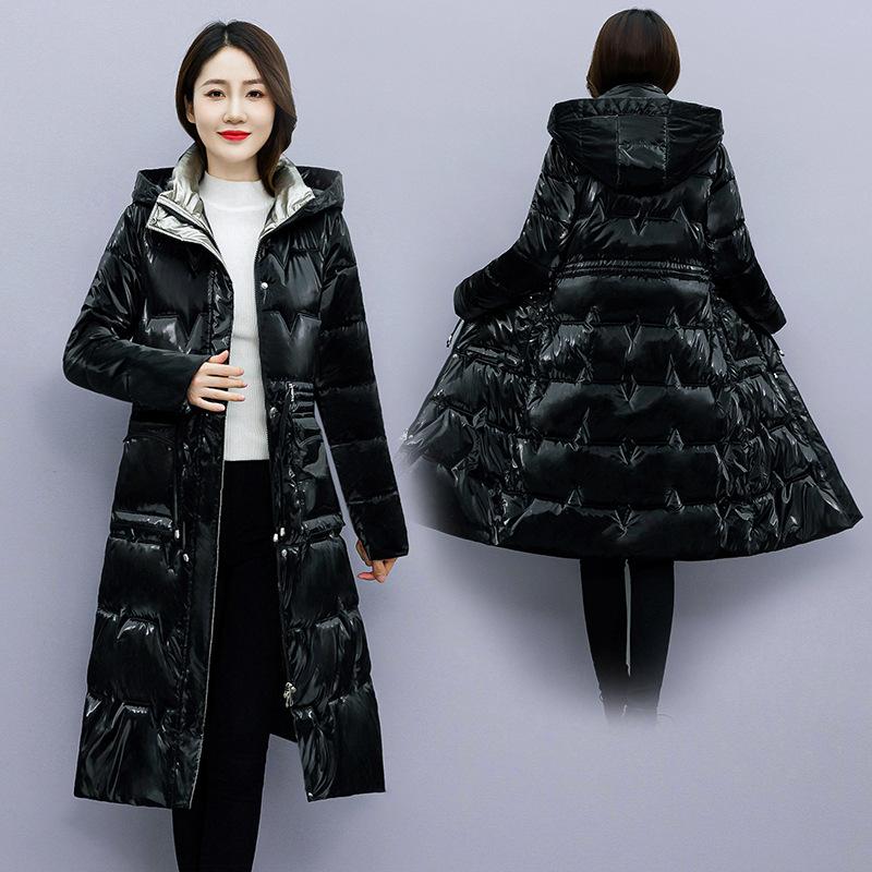 Осенне-зимнее женское однотонное яркое утолщенное теплое пальто средней длины с капюшоном на талии и шнурком