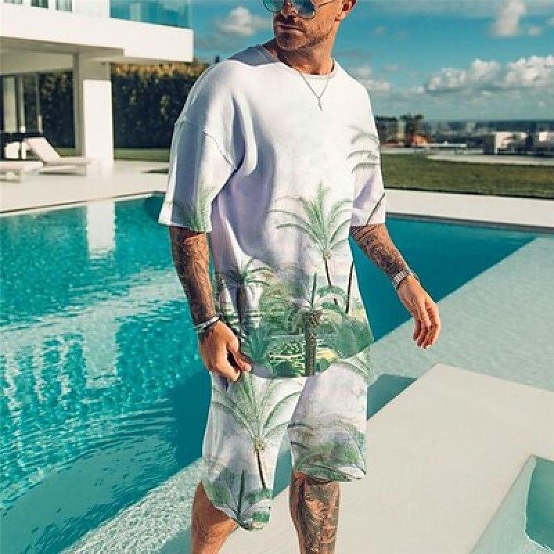 Муж. Шорты Комплект рубашки Футболка Инвентарь Графика Тропические растения Круглый вырез Одежда 3D-принт На открытом воздухе Повседневные С короткими рукавами 3D-принт 2 предмета