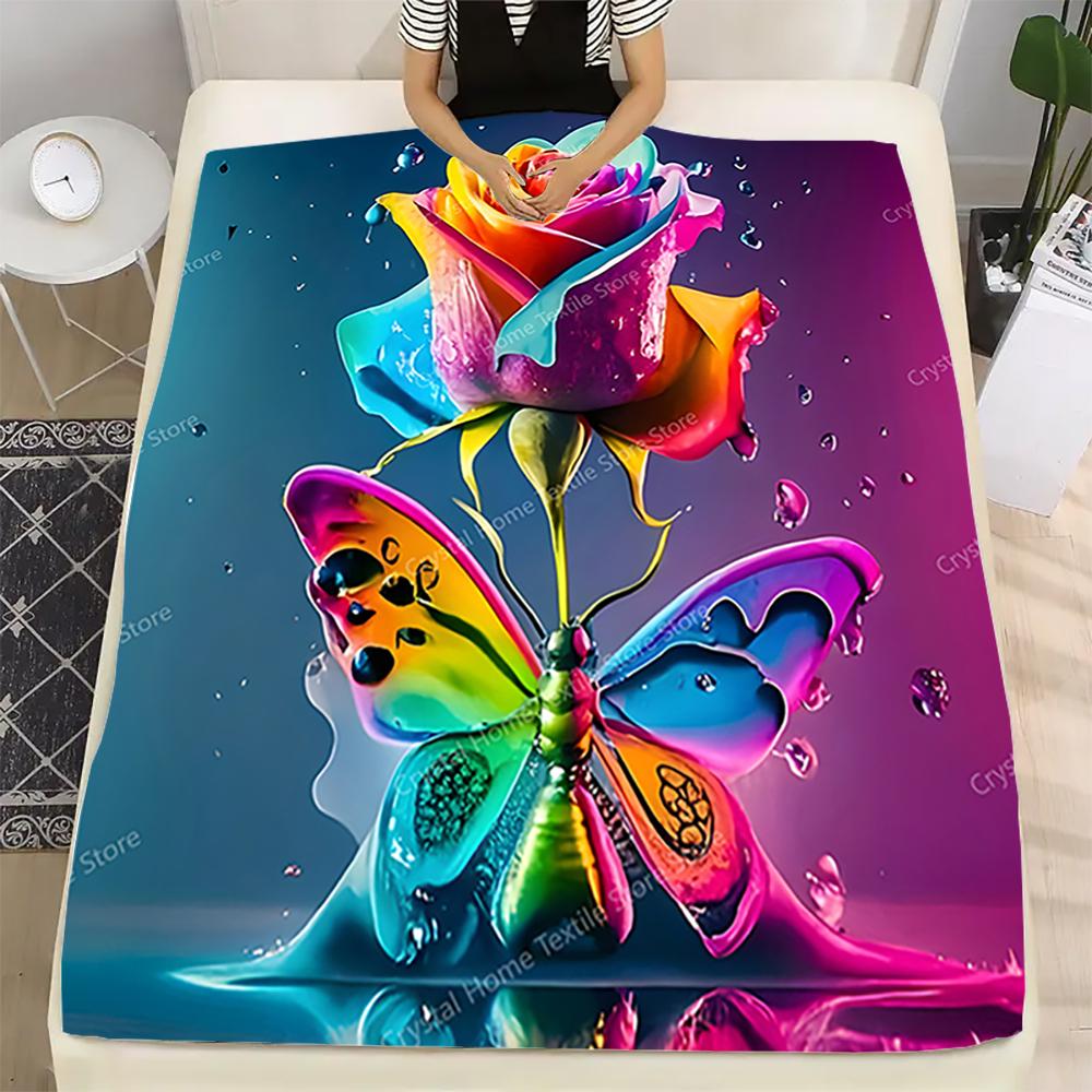 Colorful Rose & Butterfly Design Flannel Blanket Sofa Lunch Soft Break Blanket Children Student Kids Gift,Office Couch Chair Bed