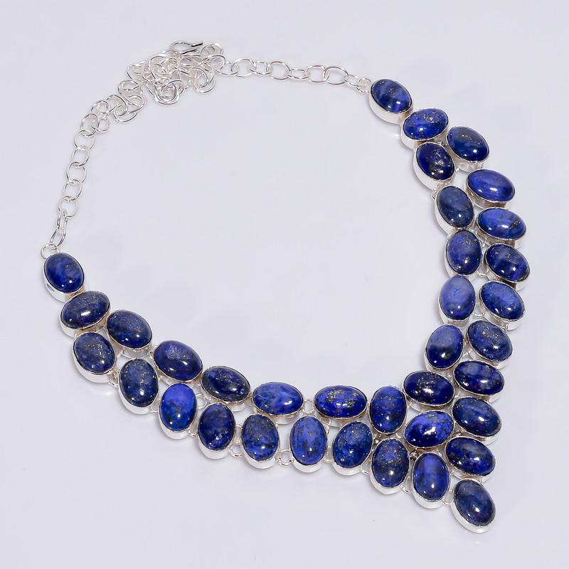 Immaculate Top Grade Qualite 100% Natural Lapis Lazuli Oval Shape Ethnic Handmade Jewelry 925 Steling Silver Necklace 18" WSJ-4760