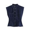 Womens Vintage Style Denim Shirt Pants Set A-Line Hem Sleeveless Casual Outfit