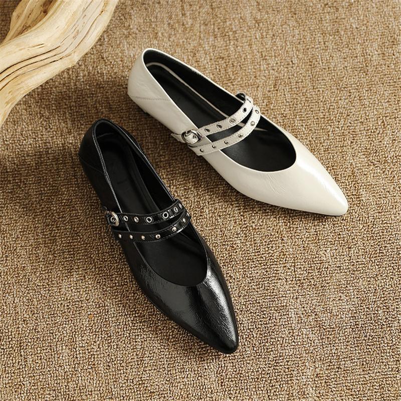Fashion New Spring/summer Mary Jane Shoes Genuine Leather Shoes for Women Fashion Rivet Low Heels Pointed Toe Women Pumps Chunky Heels