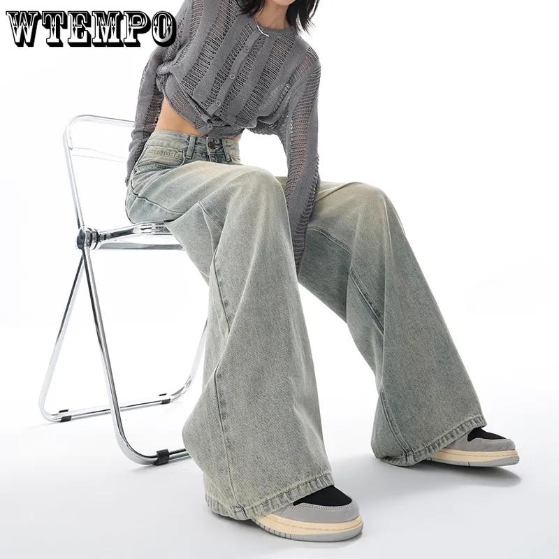 WTEMPO All Season American Retro High Waist Jeans Women Casual Loose Long Wide Leg Denim Pants with Pockets Streetwear