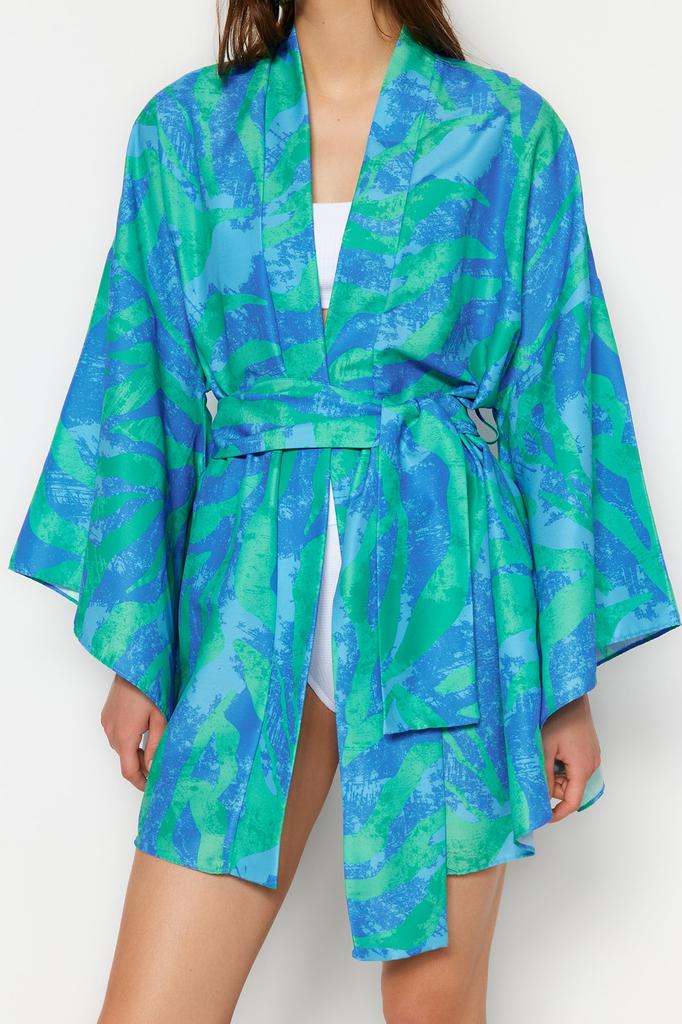 Women's Fashion New Kimono&Kaftan Floral Pattern Belted Mini Woven KimonoKaftan