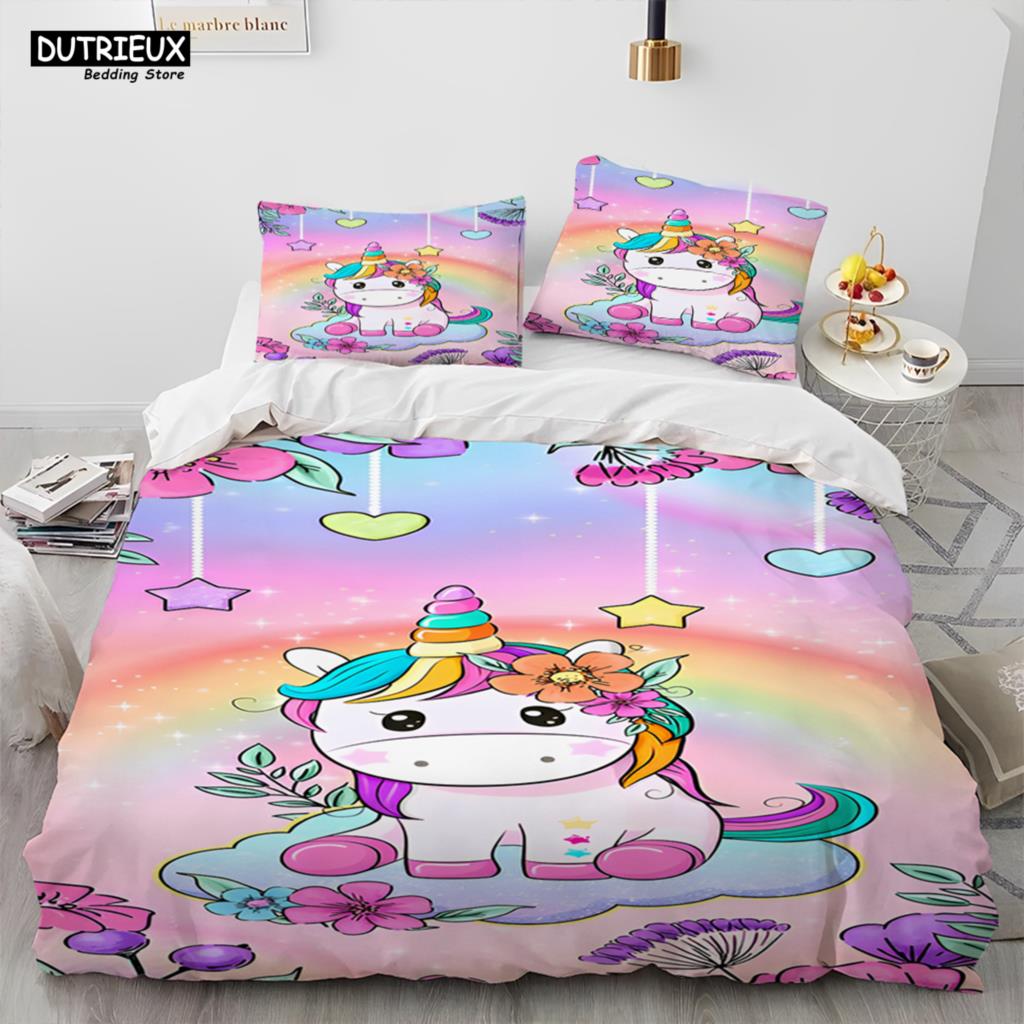 Unicorn Cute Cartoon Comforter Bedding Set,Duvet Cover Bed Set Quilt Cover Pillowcase,Queen Bedding Set For Child Boy Girl Gift