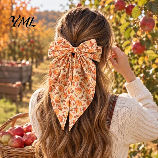 Durable Spring Hair Barrettes for Daily Use Fall Pumpkin Maple Leaf Bows Women Girls, Autumn Pinecone Clips, Large Bowknot Harvest Festival