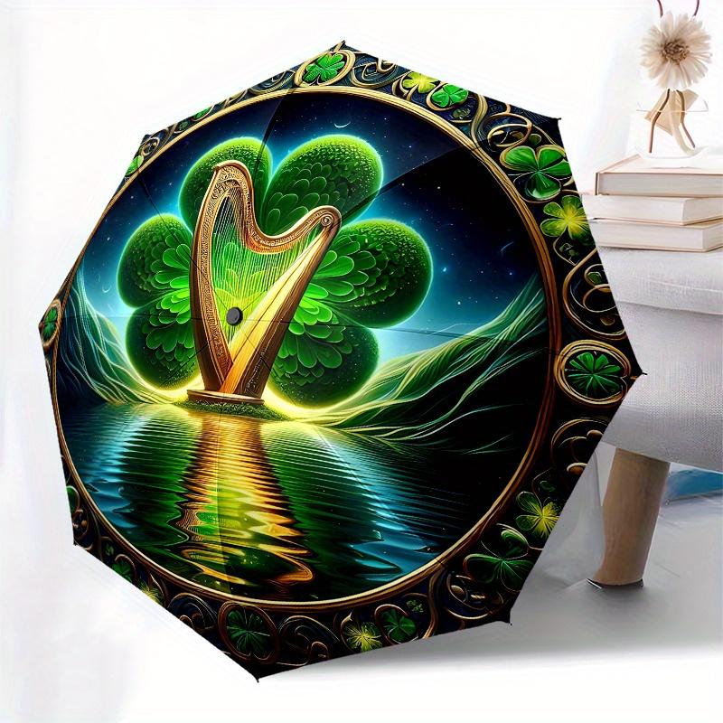Ireland's Luck: Four-Leaf Clover & Golden Harp Art Print Umbrella, Cute Umbrella with Cute Design, Portable 3-Fold Compact Umbrella for Men & Women, V