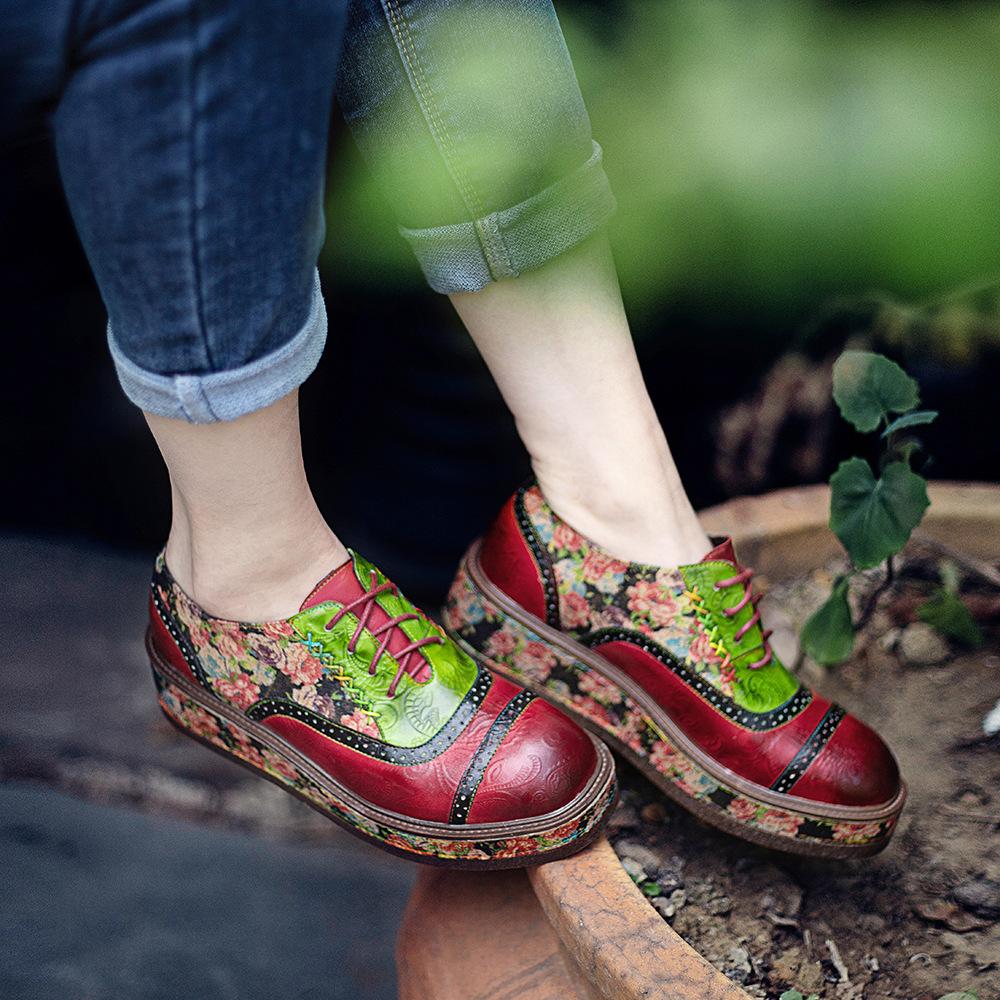 Johnature Туфли из натуральной кожи, женская обувь ручной работы на платформе, удобные лоферы контрастного цвета с цветочным принтом в стиле ретро