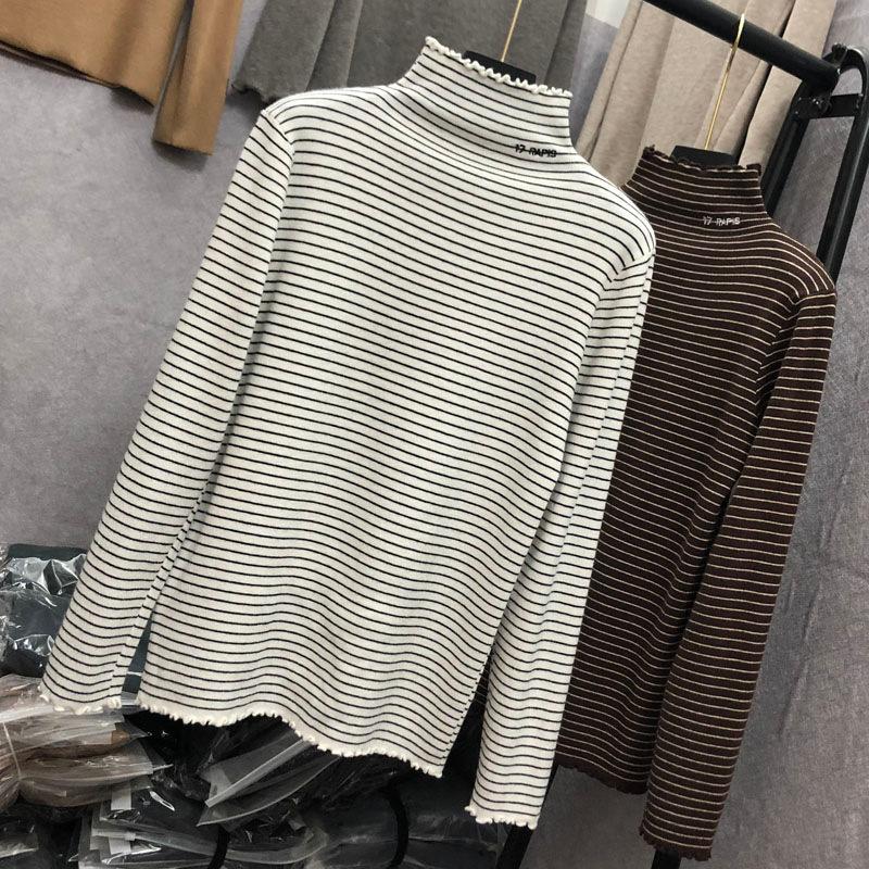 Women's Velvet Half-turtleneck, Striped Long-sleeved Undershirt, Autumn and Winter, Fungus Edge, Wear Outside