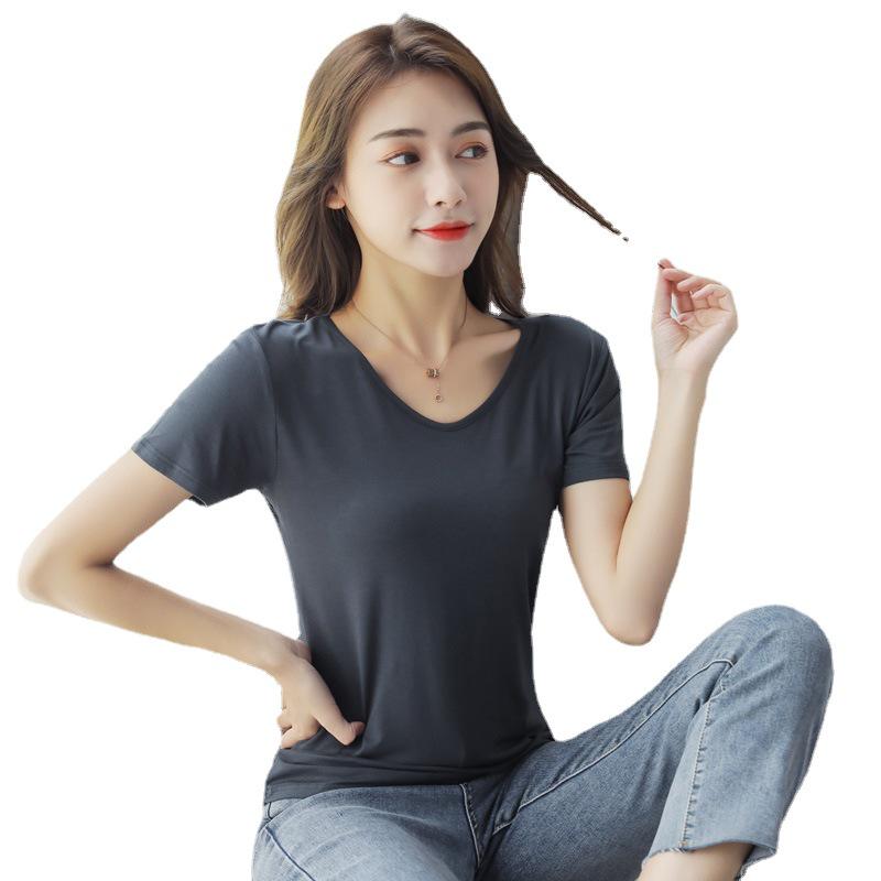 Women's Summer V-Neck Ice Silk Loose White Modal Short-Sleeve T-Shirt, 2025 Style