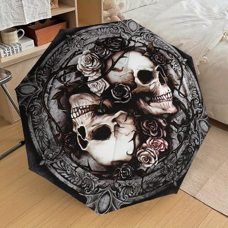 1pc Skulls and Roses Circular Artwork Umbrella with Plastic Handle,Suitable for All Seasons Home Travel Outdoor UmbrellaDD051