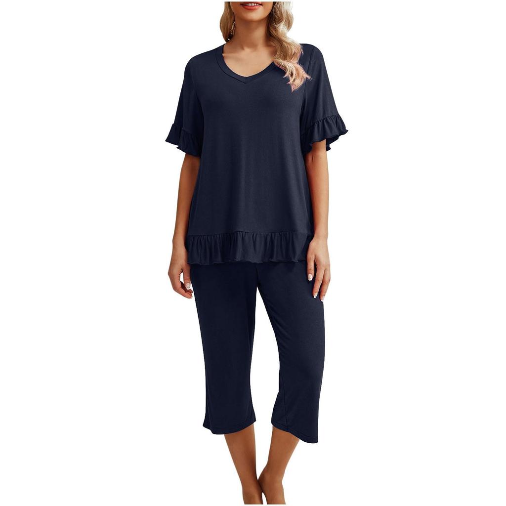 Женский пижамный комплект, рубашка с коротким рукавом, одежда для сна, женские брюки три четверти с карманами