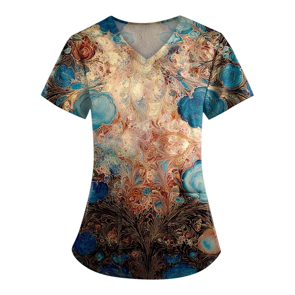 Plus Size Printed Scrub Working Uniform Tops For Women's V-Neck Print Short Sleeve Fun T-Shirts Workwear Tee With Pockets