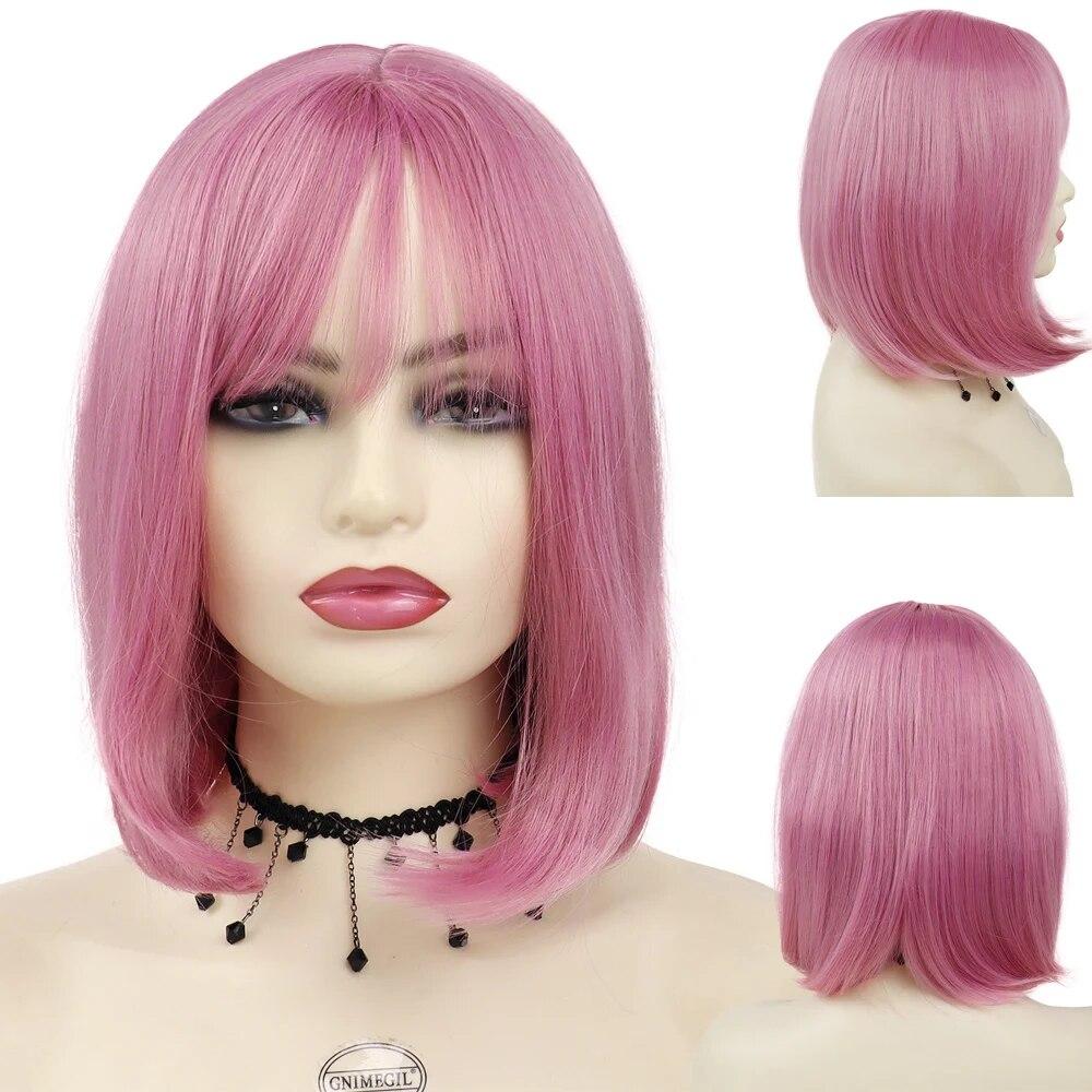 Короткий парик Боб Синтетические шелковистые прямые волосы с челкой для белых женщин Косплей Лолита Натуральный красивый розовый парик