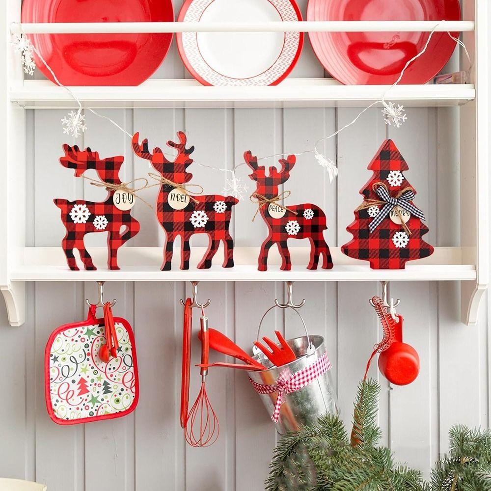 4Pcs Wooden Christmas Deer Ornament 3D Exquisite Red Plaid Reindeer Ornament Decorative Snowflake Reindeer Decorations