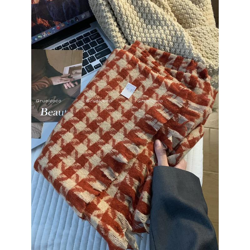 Houndstooth Scarf Women's Autumn and Winter Korean Version Versatile Niche Thickened Imitation Cashmere Large Shawl Dual Purpose Plaid Scarf Trendy