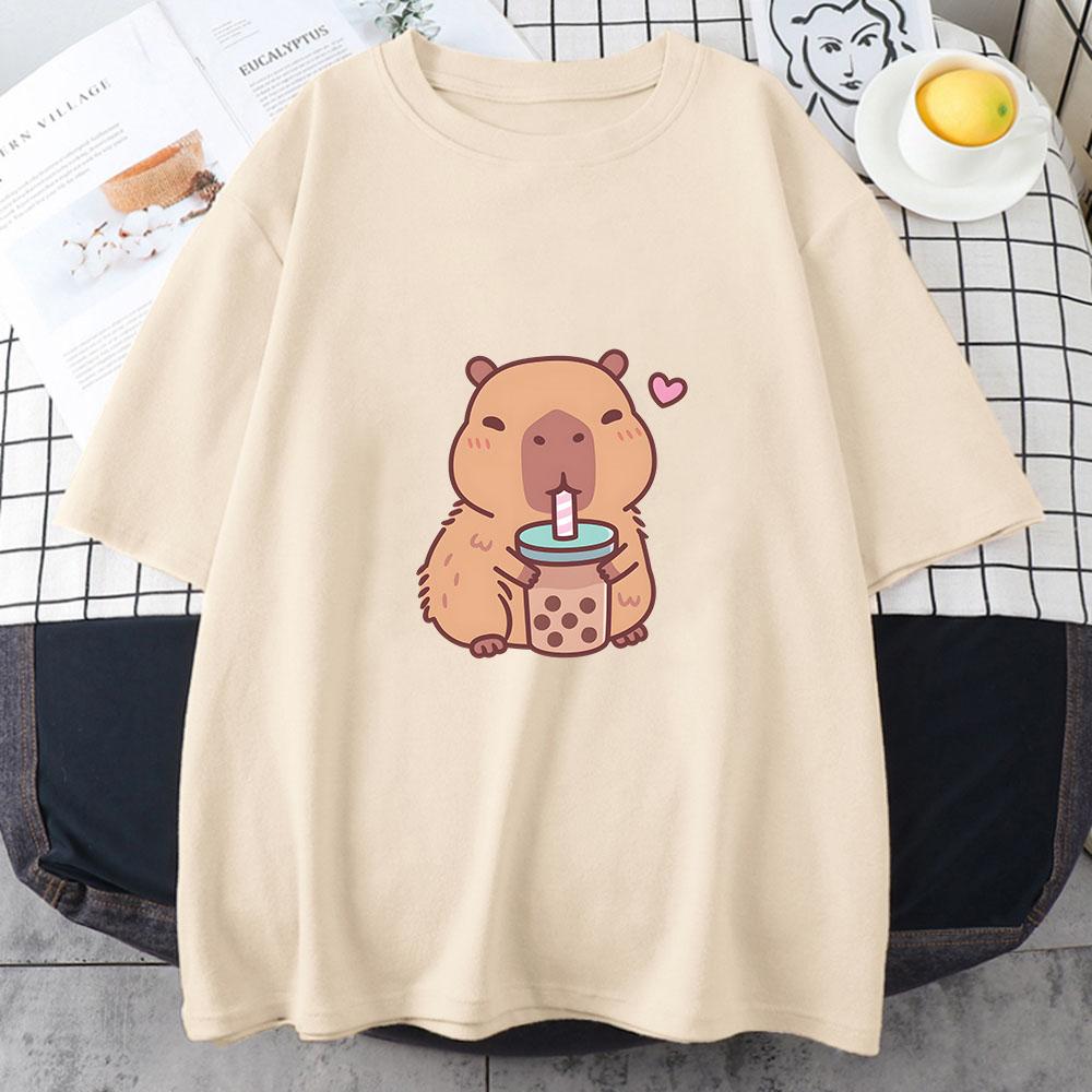 Футболка Capybara Loves Drinking Bubble Tea, 100% хлопок, летняя одежда, повседневная женская/мужская футболка Kawaii, милые рубашки для девочек, мода
