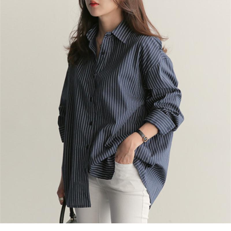 Женская синяя рубашка в стиле BF с отложным воротником, белый топ средней длины с длинными рукавами, однобортная осенняя свободная блузка в полоску в стиле ретро