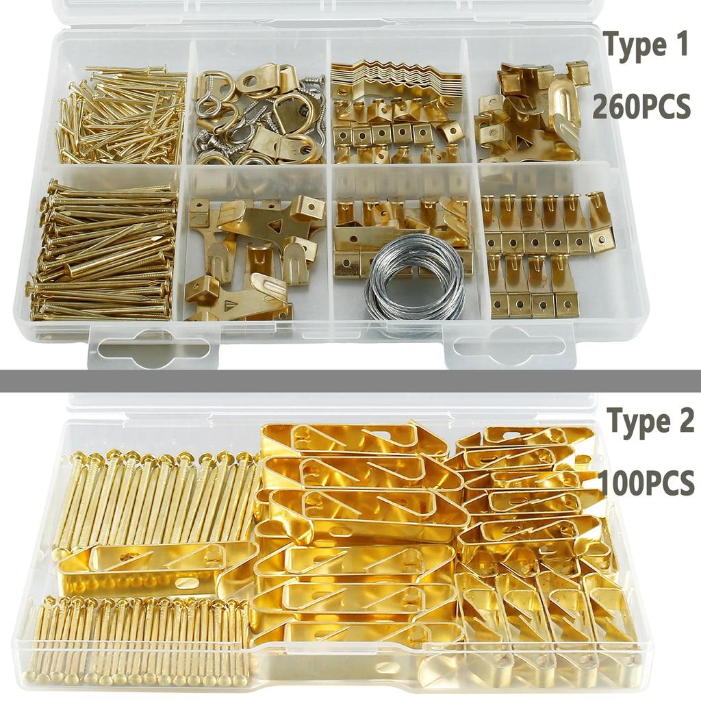 100/260PCS Heavy Duty Picture Hooks Set Hanger Hooks for Drywall Wooden Wall Metal Picture Hanging Kit Saw Tooth Living Room