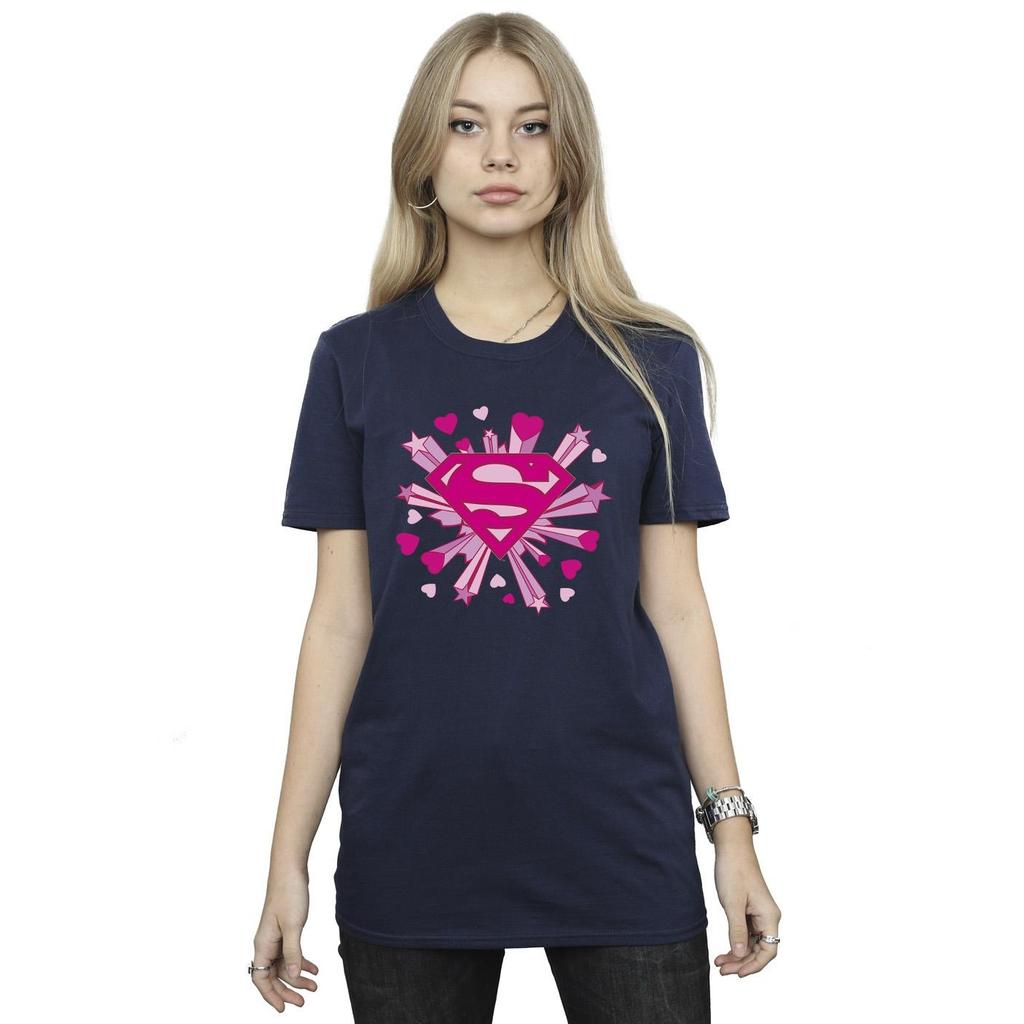 DC Comics Womens/Ladies Superman Pink Hearts And Stars Logo Cotton Boyfriend T-Shirt