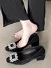 Single Shoes Women's Spring 2024 New Xiaoxiangfeng Square Head Suede Rhinestone Square Buckle Light Mouth Thick Heel Low Heel Women's Shoes