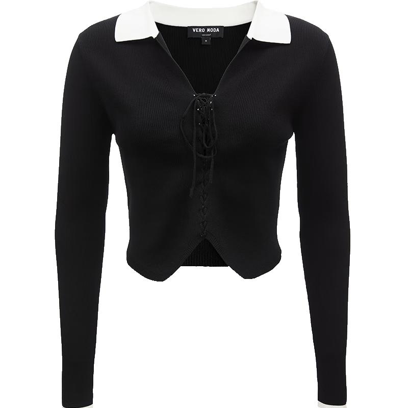 VEROMODA Women's Colorblock Lapel Tie-Up Knit Top