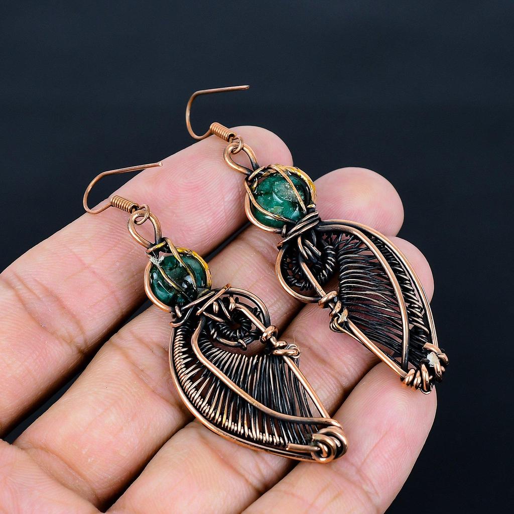 Emerald 999 Copper Wire Wrapped Earrings, Handmade Gemstone Earrings, Gift For Mom Antique Jewelry