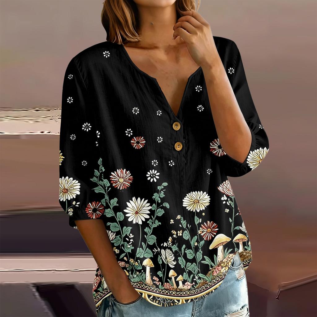 Женская блузка-henley с цветочным принтом, пуговицами спереди, рукавом три четверти, из хлопка и льна, повседневная, свободного кроя